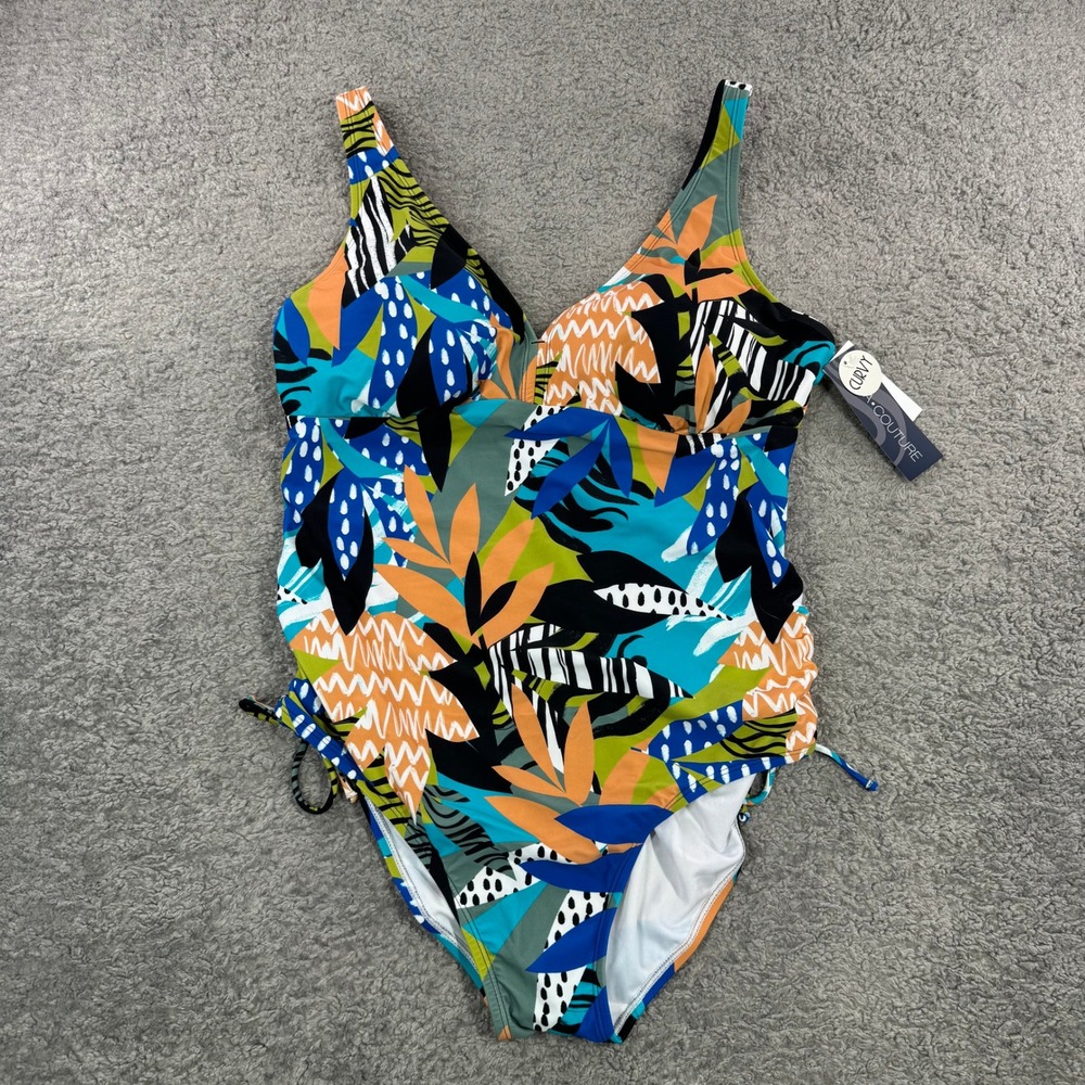 Aqua Couture‎ Curvy One Piece Swimsuit 1X Black Multi Tropical Botanical NWT